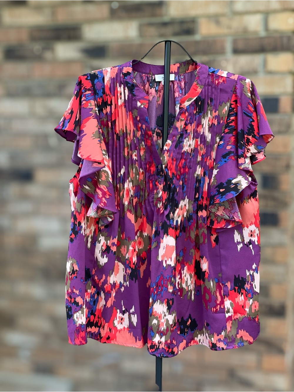 Entro 1X Purple Abstract Floral Ruffle Sleeve Blouse Plus Size